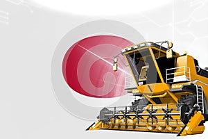 Agriculture innovation concept, yellow advanced grain combine harvester on Japan flag - digital industrial 3D illustration