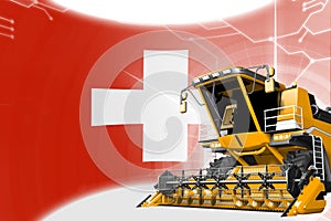 Agriculture innovation concept, yellow advanced rye combine harvester on Switzerland flag - digital industrial 3D illustration