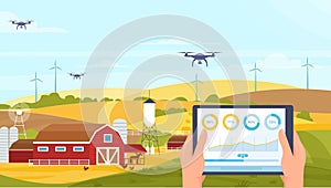 Agriculture innovation farm technology, cartoon hands with tablet for smart farming