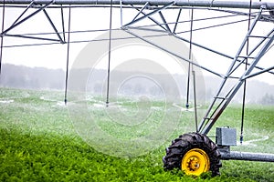 Agriculture irrigation machine on green field