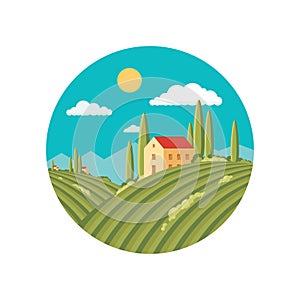 Agriculture landscape with vineyard. Vector abstract illustration in flat style design. Vector logo template.