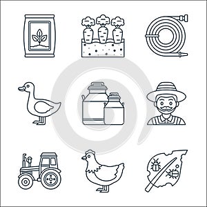 Agriculture line icons. linear set. quality vector line set such as pest, chicken, tractor, farmer, milk bottle, duck, water hose