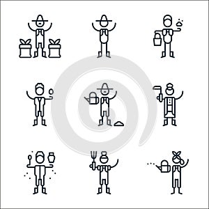 agriculture line icons. linear set. quality vector line set such as watering can, fork, honey, sickle, watering can, egg, manure,