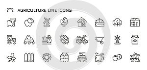 Agriculture line icons. Organic crops icons for print, farm animals and farming equipment. Vector farm constructions and