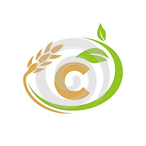 Agriculture Logo On C Letter Concept. Agriculture and farming logo design. Agribusiness, Eco-farm and rural country design with C