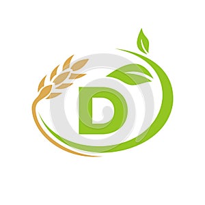 Agriculture Logo On D Letter Concept. Agriculture and farming logo design. Agribusiness, Eco-farm and rural country design with D