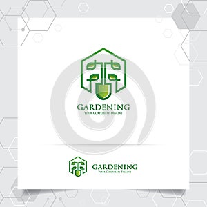 Agriculture logo design with concept of gardening tools icon and leaves vector. Green nature logo used for agricultural systems,