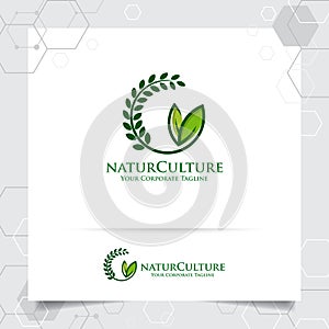 Agriculture logo design with concept of grain icon and plant leaves vector. Green nature logo used for agricultural systems,