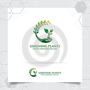 Agriculture logo design with concept of hand icon and plants vector. Green nature logo used for agricultural systems, farmer, and