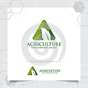 Agriculture logo design with concept of letters A icon and leaves vector. Green nature logo used for agricultural systems, farmer