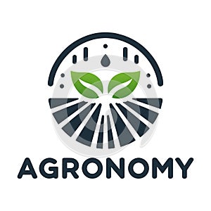 Agriculture logo design. Stylized agronomy logo with raindrops, leaves and fields.