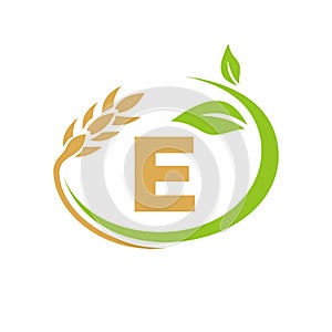 Agriculture Logo On E Letter Concept. Agriculture and farming logo design. Agribusiness, Eco-farm and rural country design with E