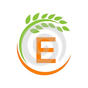 Agriculture Logo On E Letter Concept. Agriculture And Farming Pasture, Milk, Barn logo design. Farm Badge, Agribusiness, Eco-farm