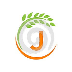 Agriculture Logo On J Letter Concept. Agriculture And Farming Pasture, Milk, Barn logo design. Farm Badge, Agribusiness, Eco-farm