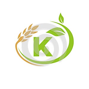 Agriculture Logo On K Letter Concept. Agriculture and farming logo design. Agribusiness, Eco-farm and rural country design with K