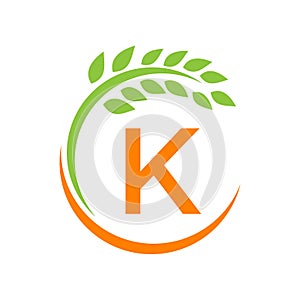 Agriculture Logo On K Letter Concept. Agriculture And Farming Pasture, Milk, Barn logo design. Farm Badge, Agribusiness, Eco-farm