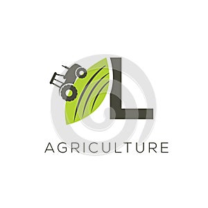 Agriculture logo letter L. Tractor icon. Green food emblem