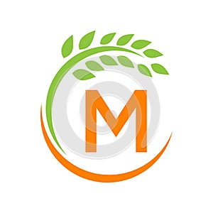 Agriculture Logo On M Letter Concept. Agriculture And Farming Pasture, Milk, Barn logo design. Farm Badge, Agribusiness, Eco-farm