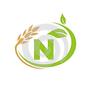 Agriculture Logo On N Letter Concept. Agriculture and farming logo design. Agribusiness, Eco-farm and rural country design with N
