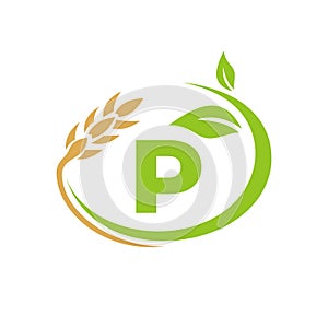 Agriculture Logo On P Letter Concept. Agriculture and farming logo design. Agribusiness, Eco-farm and rural country design with P