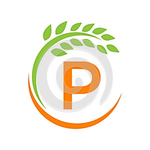 Agriculture Logo On P Letter Concept. Agriculture And Farming Pasture, Milk, Barn logo design. Farm Badge, Agribusiness, Eco-farm