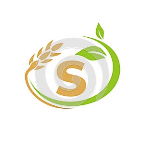 Agriculture Logo On S Letter Concept. Agriculture and farming logo design. Agribusiness, Eco-farm and rural country design with S