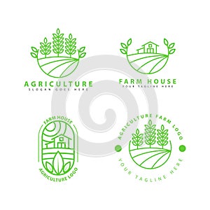 agriculture logo set, farming icons, farming land, crop field, meadow, milk, barn, vector illustration. eps2