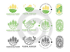 agriculture logo set, farming icons, farming land, crop field, meadow, milk, barn, vector illustration. eps3