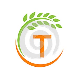 Agriculture Logo On T Letter Concept. Agriculture And Farming Pasture, Milk, Barn logo design. Farm Badge, Agribusiness, Eco-farm