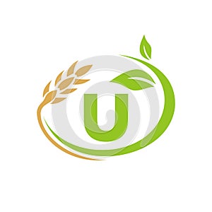 Agriculture Logo On U Letter Concept. Agriculture and farming logo design. Agribusiness, Eco-farm and rural country design with U