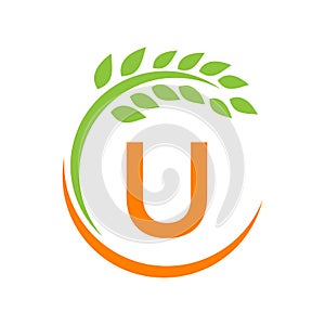 Agriculture Logo On U Letter Concept. Agriculture And Farming Pasture, Milk, Barn logo design. Farm Badge, Agribusiness, Eco-farm