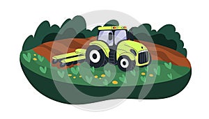 Agriculture machine works at farm field, land. Rotary tractor at farmland, preparing soil. Ground, earth preparation for