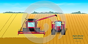 Agriculture machinery. Harvester combine and tractor on field. Industrial landscape. Farmer panorama. Harvesting scene