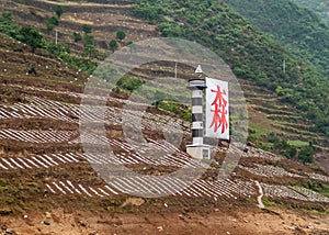 Agriculture and navigation sign along Yangtze River Qutang Gorge, Baidicheng, China