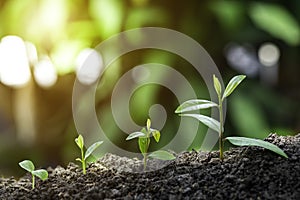 Agriculture and plant grow sequence with morning sunlight and dark green blur background. Germinating seedling grow step sprout gr