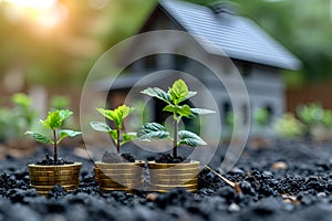 agriculture plant seeding growing step concept in garden on coins with small house, growth investment concept