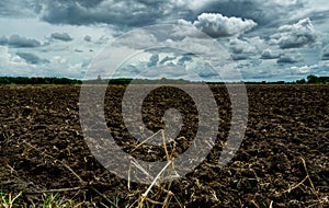 Agriculture plowed field. Black soil plowed field with stormy sky. Dirt soil ground in farm. Tillage soil prepared for planting