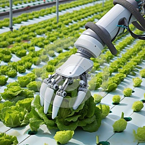 agriculture by robot robotic hand planting collecting plants and fruits - ai generated photo