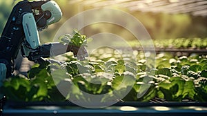 Agriculture robotic working in smart farm, Future technology with smart agriculture farming concept