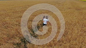 Agriculture scientists with tablet working on field. Aero Flight.