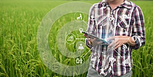 Agriculture technology farmer man using tablet computer.