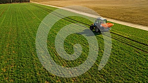 Agriculture. Tillage tractor . Aerial survey photo