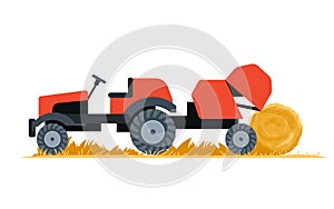 Agriculture tractor hay baler, agri machine collecting yellow hay into round bale stacks