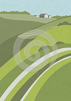 Agriculture valley landscape background illustration poster. Nature, environment banners, postcard.