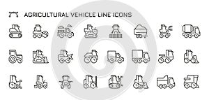 Agriculture vehicle line icons. Farm transport equipment, agriculture machinery icons, farming equipment transport