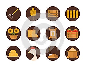 Agriculture work equipment farm cartoon block and flat icons set