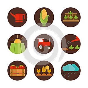 Agriculture work equipment farm cartoon block and flat icons set