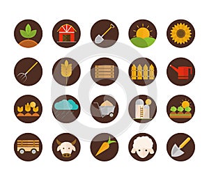 Agriculture work equipment farm cartoon block and flat icons set