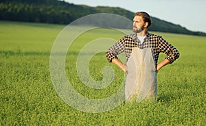 Agriculturist standing among green field
