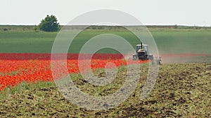 The agrimotor plows the field with flowers